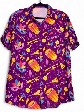 Carnival Print Button-Up Shirt in Purple with Bright Accents